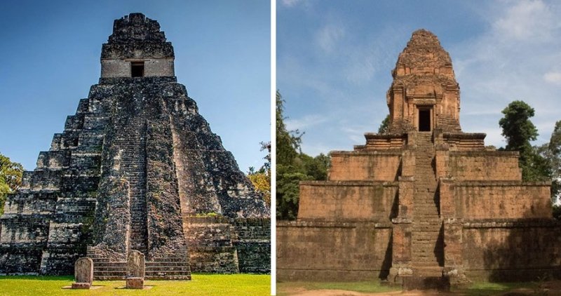 Sự tương đồng kỳ lạ giữa đền Baksei Chamkrong, Campuchia (phải) và đền Grand Jaguar tại Guatemala - Trung Mỹ (Trái). (Ảnh: ancient-code.com)