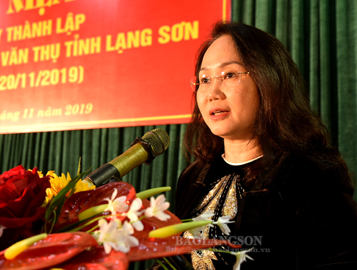 Đồng chí Lâm Thị Phương Thanh, Ủy viên Trung ương Đảng, Bí thư Tỉnh ủy phát biểu tại lễ kỷ niệm.