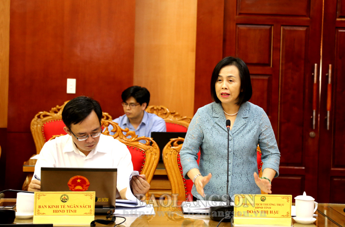 Đồng chí Đoàn Thị Hậu, Phó Chủ tịch Thường trực HĐND tỉnh phát biểu tại cuộc họp