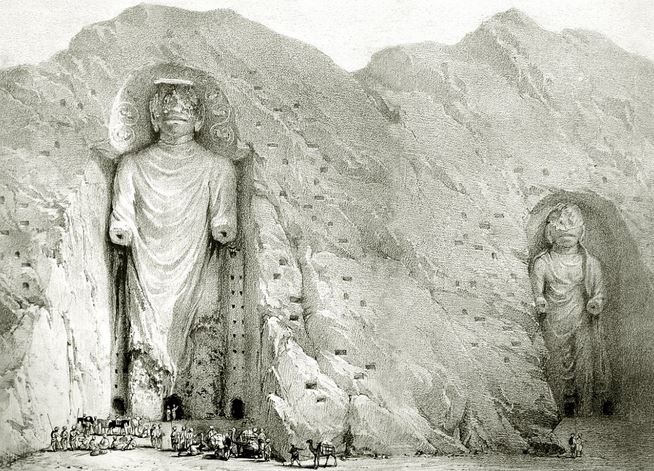 Hình hai bức tượng Phật tại Bamiyan vẽ bởi Alexander Burnes năm 1832. Ảnh: Wikipedia.