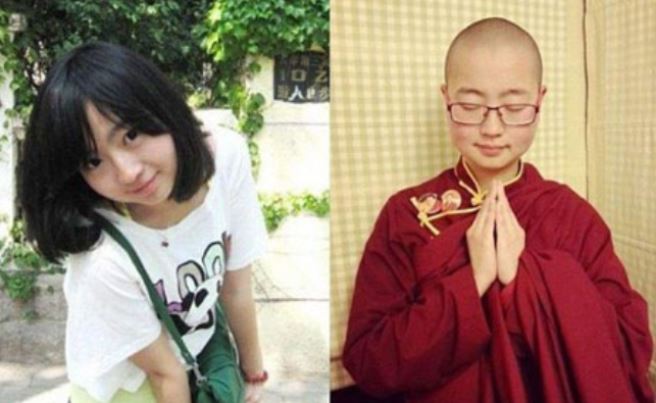 Hình ảnh Ting Tien trước và sau khi quy y cửa Phật.