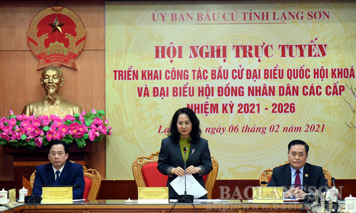 Đồng chí Lâm Thị Phương Thanh, Uỷ viên Trung ương Đảng, Bí thư Tỉnh uỷ, Trưởng Ban Chỉ đạo bầu cử tỉnh phát biểu chỉ đạo tại hội nghị
