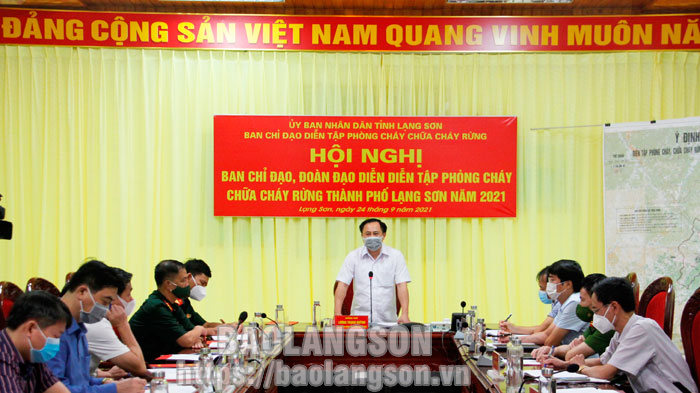 Đồng chí Lương Trọng Quỳnh, Phó Chủ tịch UBND tỉnh, Trưởng Ban Chỉ đạo diễn tập PCCC rừng thành phố Lạng Sơn năm 2021 phát biểu tại cuộc họp