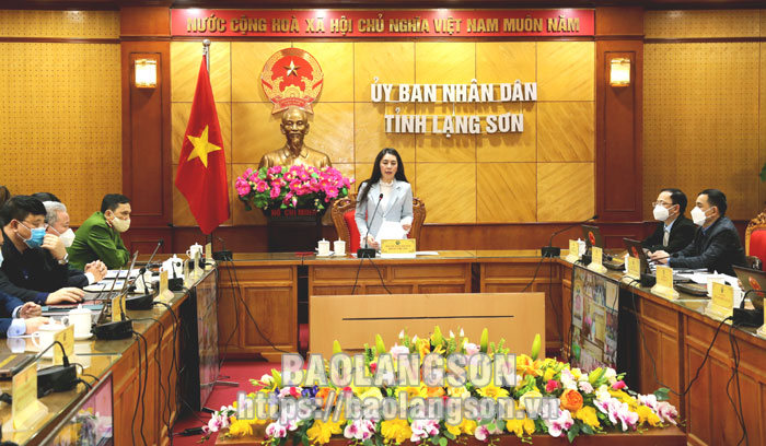 Phó Chủ tịch UBND tỉnh Lạng Sơn Đoàn Thu Hà báo cáo các giải pháp của tỉnh đã triển khai trong thời gian qua nhằm xử lý tình trạng ùn tắc xe chở hàng tại cửa khẩu