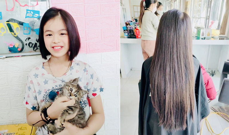 Cô bé Hoàng Phương Chinh ở Tuyên Quang đã cắt đi mái tóc dài hiến tặng bệnh nhân ung thư.