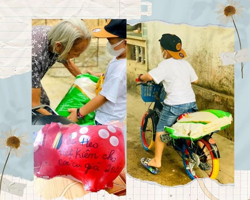 Đặng Nhật Khang (6 tuổi) đập heo mua gạo tặng cụ già neo đơn. Ảnh: NVCC