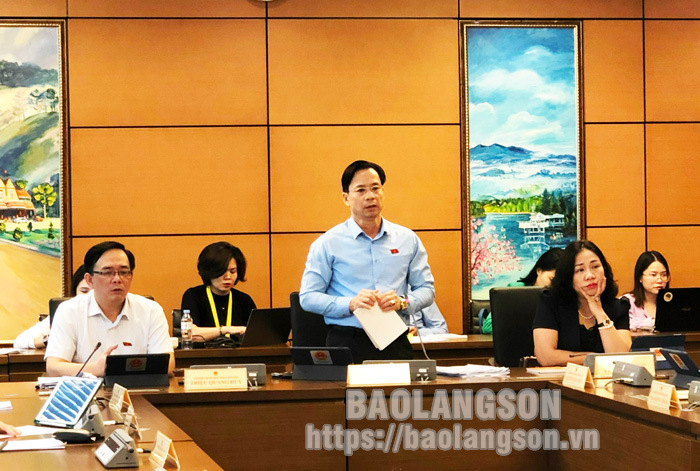 Đồng chí Hoàng Văn Nghiệm, Phó Bí thư Thường trực Tỉnh uỷ, Trưởng Đoàn ĐBQH tỉnh phát biểu ý kiến tại thảo luận tổ