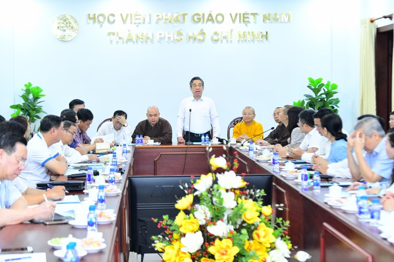Đoàn công tác Thành ủy TP.HCM có buổi làm việc với Hội đồng Điều hành Học viện Phật giáo VN tại TP.HCM về công tác chuẩn bị cho Đại lễ Vesak Liên Hiệp Quốc 2025 vào sáng nay, 20-4